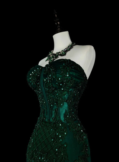 Vintage Meerjungfrauen-Abendkleid aus den 1960er Jahren, dunkelgrün mit Kristallverzierungen, ärmellos, lang, elegant, mit Herzausschnitt, N1593