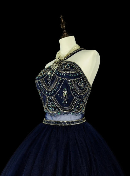 Robe de bal vintage années 70, col montant, tulle bleu marine orné de perles, sans manches, robe de soirée longue et élégante N1485