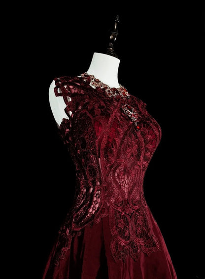 Robe de bal rétro années 70, coupe trapèze, décolleté rond, dentelle bordeaux, sans manches, N1486