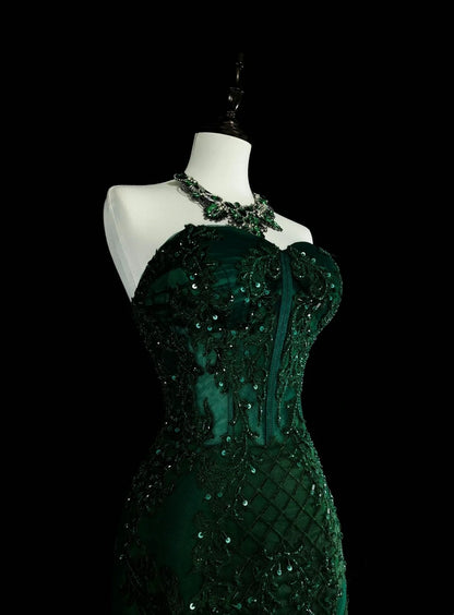 Vintage Meerjungfrauen-Abendkleid aus den 1960er Jahren, dunkelgrün mit Kristallverzierungen, ärmellos, lang, elegant, mit Herzausschnitt, N1593