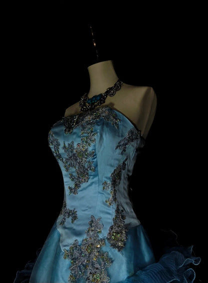 Robe de bal sirène vintage bleue sans bretelles avec perles, sans manches, années 80, longue robe de soirée formelle N1483