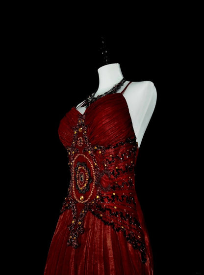 Robes de bal vintage Trapèze Col Haut Bretelles Fines Bordeaux Perlé Années 80 Longue Robe de Soirée N2704