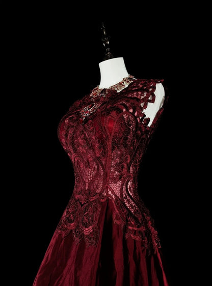 Robe de bal rétro années 70, coupe trapèze, décolleté rond, dentelle bordeaux, sans manches, N1486