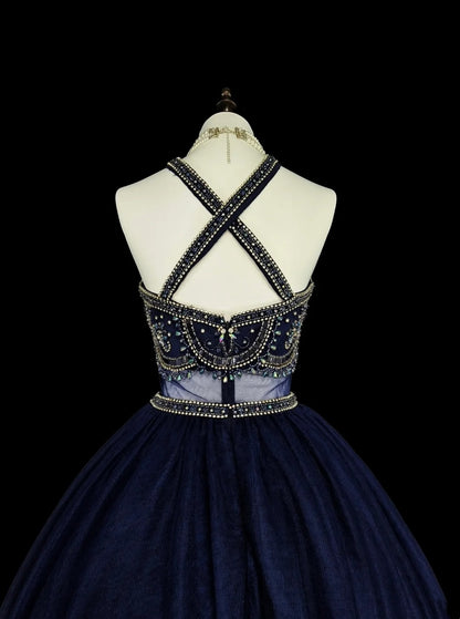 Robe de bal vintage années 70, col montant, tulle bleu marine orné de perles, sans manches, robe de soirée longue et élégante N1485