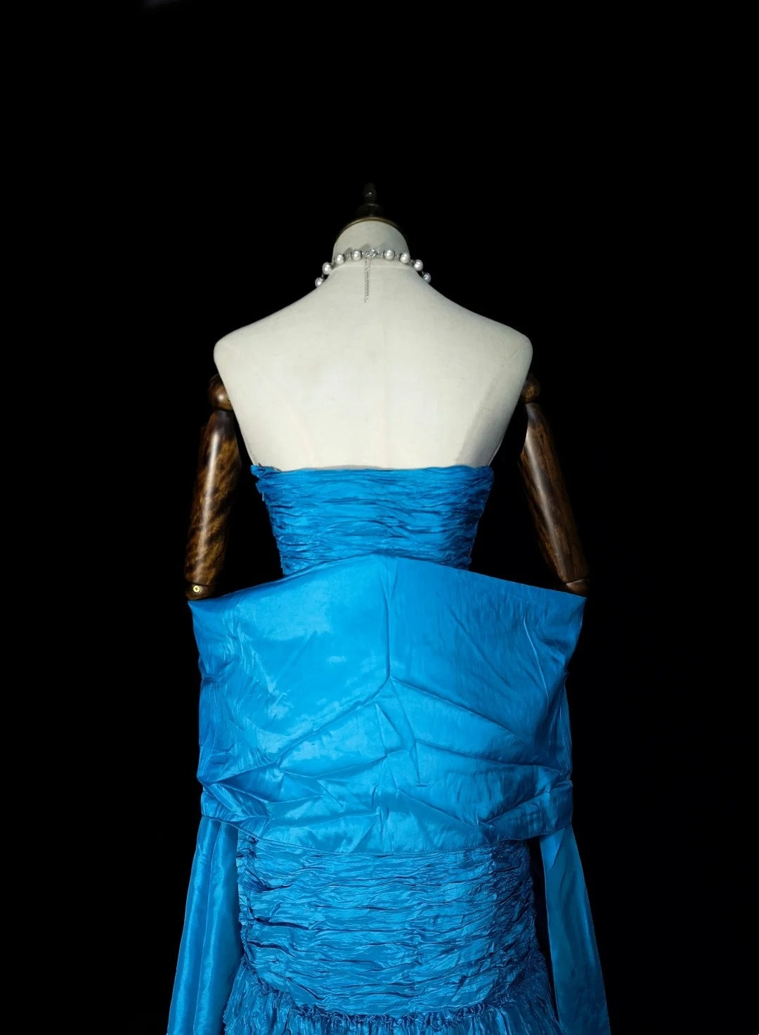 Robe de bal longue sirène vintage bleue sans bretelles à volants, style années 80, N1484