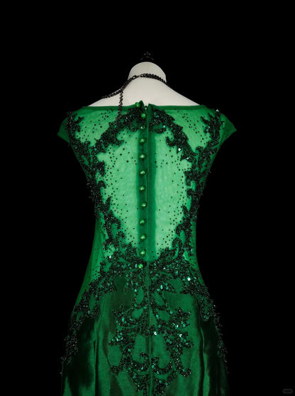 Robes de bal vintage sirène col dégagé vert foncé satiné avec perles robe longue de soirée années 1980 N2705
