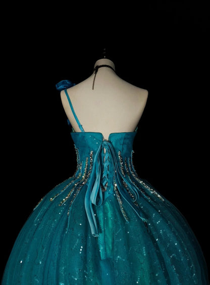 Robe de bal vintage asymétrique en tulle bleu, robe de quinceañera longue, taille 15, modèle N1481