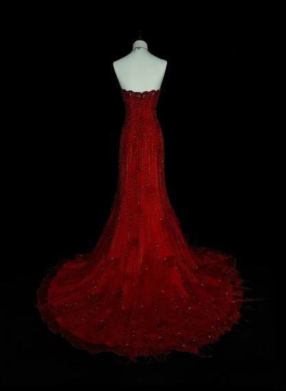 Robe de bal longue rouge sirène bustier vintage années 2000 avec perles argentées N1356
