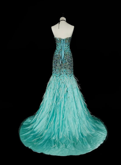 Vintage Meerjungfrauen-Abendkleid aus den 1960er Jahren, blau mit Kristallverzierungen, ärmellos, lang, elegant, mit Herzausschnitt, N1592