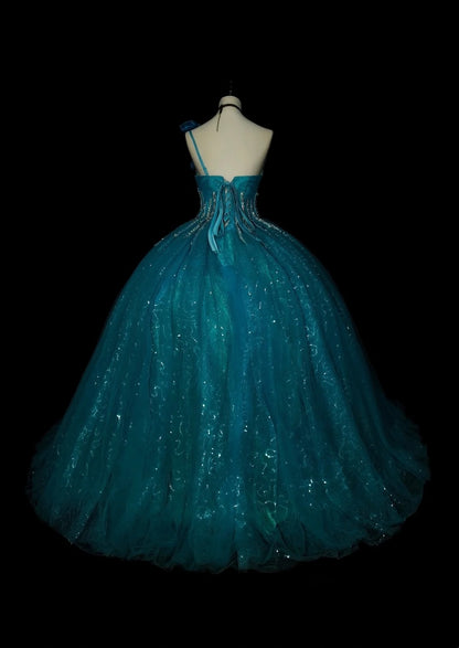 Robe de bal vintage asymétrique en tulle bleu, robe de quinceañera longue, taille 15, modèle N1481