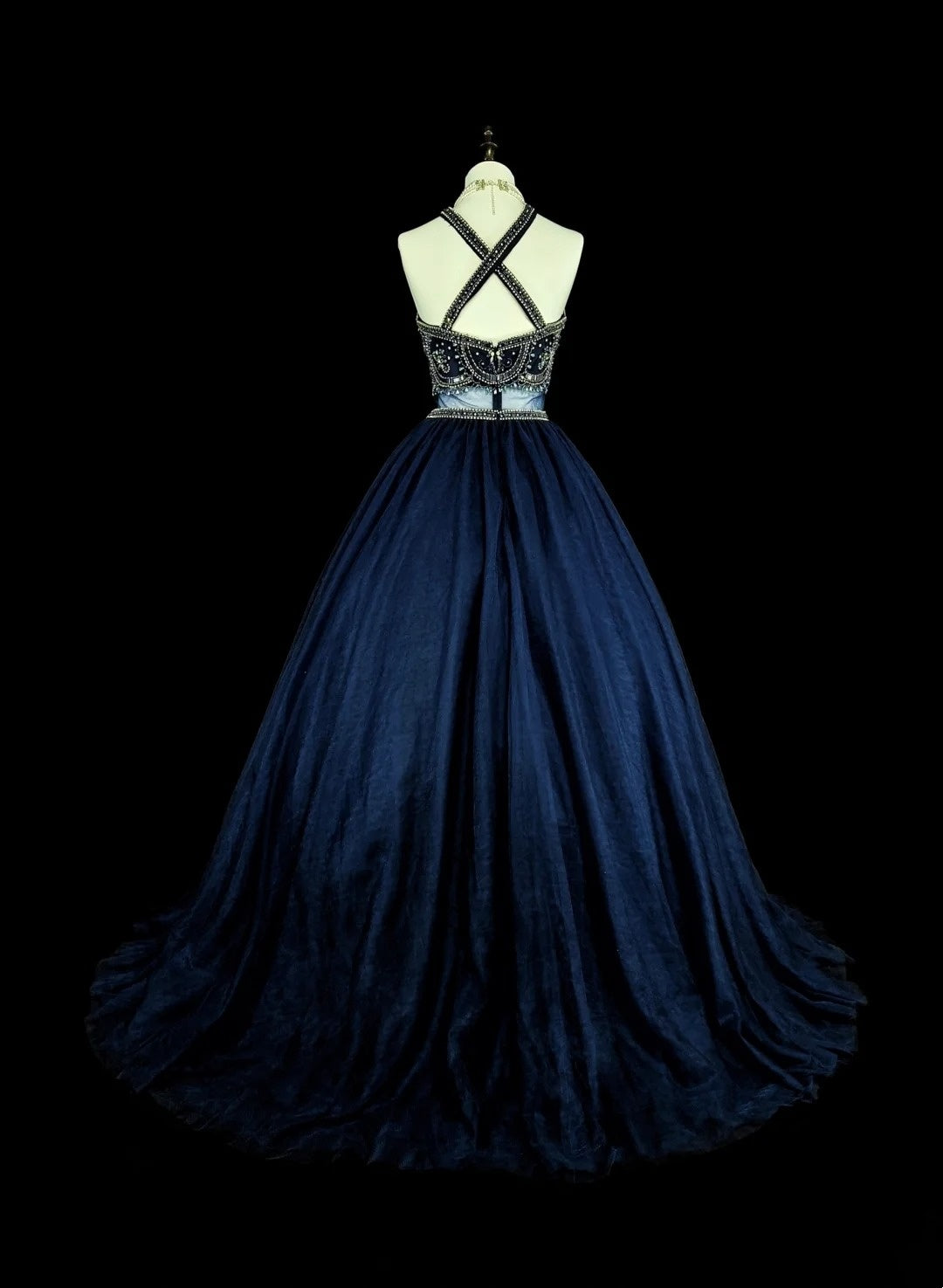 Robe de bal vintage années 70, col montant, tulle bleu marine orné de perles, sans manches, robe de soirée longue et élégante N1485