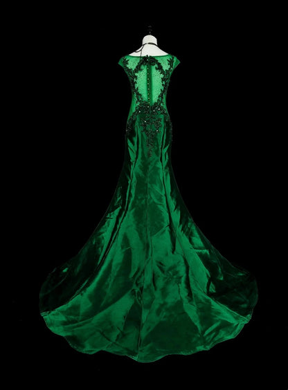 Robes de bal vintage sirène col dégagé vert foncé satiné avec perles robe longue de soirée années 1980 N2705
