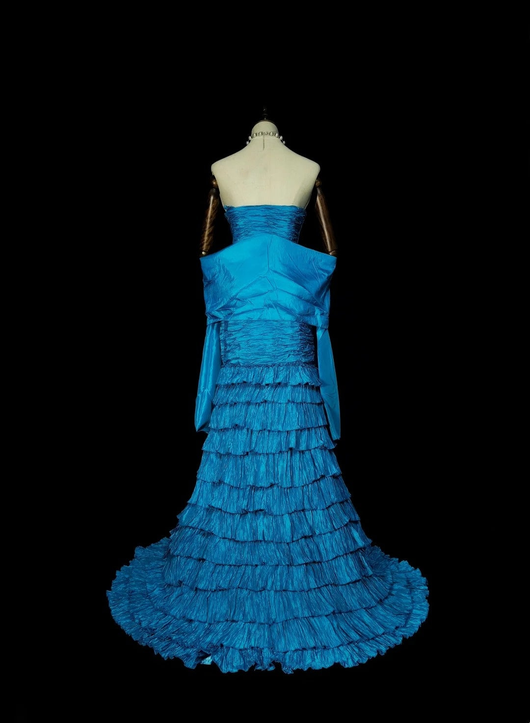 Robe de bal longue sirène vintage bleue sans bretelles à volants, style années 80, N1484