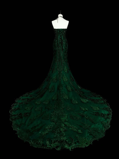 Vintage Meerjungfrauen-Abendkleid aus den 1960er Jahren, dunkelgrün mit Kristallverzierungen, ärmellos, lang, elegant, mit Herzausschnitt, N1593