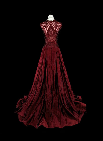 Robe de bal rétro années 70, coupe trapèze, décolleté rond, dentelle bordeaux, sans manches, N1486