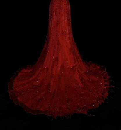 Robe de bal longue rouge sirène bustier vintage années 2000 avec perles argentées N1356