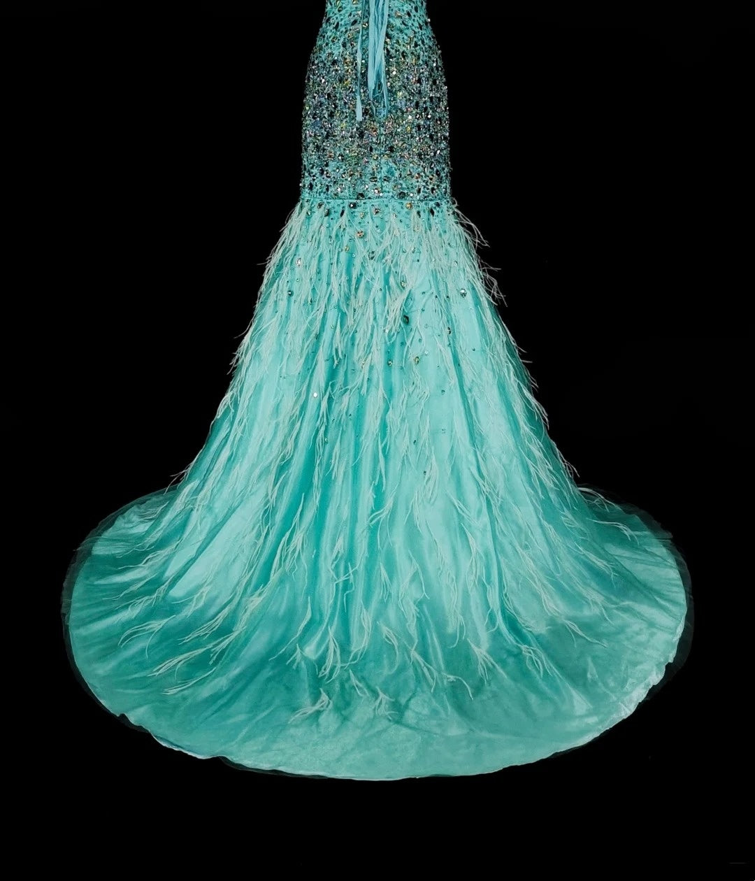 Vintage Meerjungfrauen-Abendkleid aus den 1960er Jahren, blau mit Kristallverzierungen, ärmellos, lang, elegant, mit Herzausschnitt, N1592
