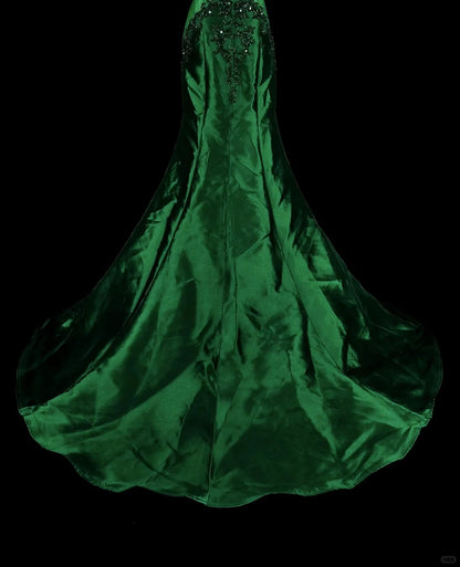 Robes de bal vintage sirène col dégagé vert foncé satiné avec perles robe longue de soirée années 1980 N2705