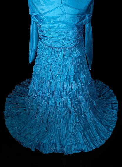 Robe de bal longue sirène vintage bleue sans bretelles à volants, style années 80, N1484