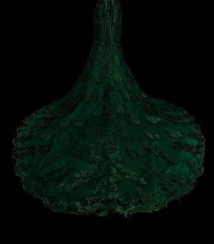 Vintage Meerjungfrauen-Abendkleid aus den 1960er Jahren, dunkelgrün mit Kristallverzierungen, ärmellos, lang, elegant, mit Herzausschnitt, N1593