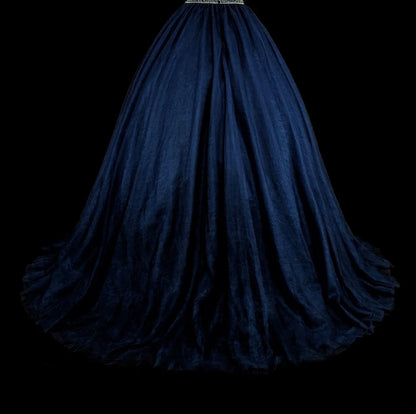 Robe de bal vintage années 70, col montant, tulle bleu marine orné de perles, sans manches, robe de soirée longue et élégante N1485