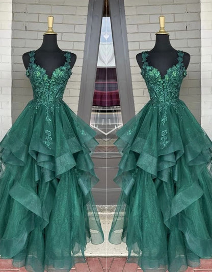 Elegantes Ballkleid mit herzförmigem Ausschnitt, smaragdgrünem Tüll und Spitzenapplikationen, langes Partykleid, Abendkleid AC011
