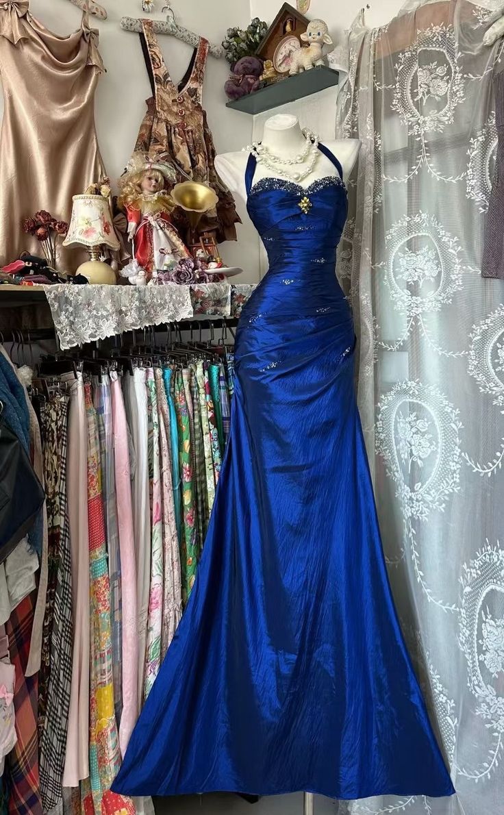 Robe de bal longue sirène bleu roi ornée de perles, robe de soirée vintage AB1822