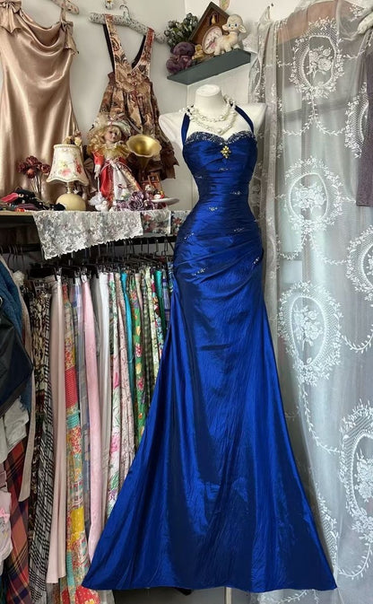 Robe de bal longue sirène bleu roi ornée de perles, robe de soirée vintage AB1822