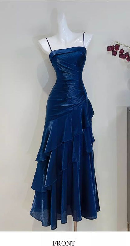 Meerjungfrauen-Satin-Abendkleid mit Spaghettiträgern in Königsblau, langes Ballkleid, formelles Abendkleid AB1825