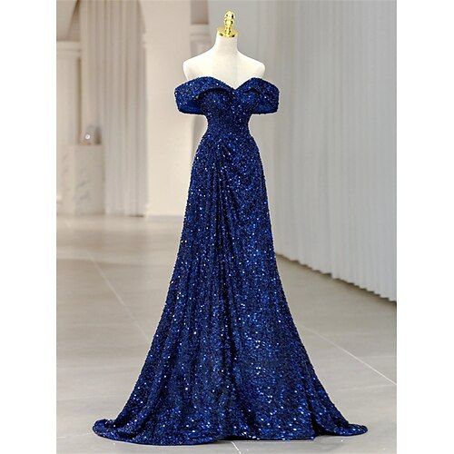 Paillettenbesetztes Meerjungfrauen-/Trompeten-Abendkleid, elegantes Kleid, formelles Hochzeitskleid, bodenlang, schulterfrei, Schnürung mit Falten AB1830