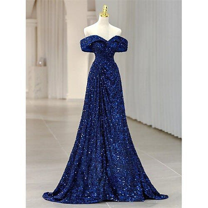 Paillettenbesetztes Meerjungfrauen-/Trompeten-Abendkleid, elegantes Kleid, formelles Hochzeitskleid, bodenlang, schulterfrei, Schnürung mit Falten AB1830