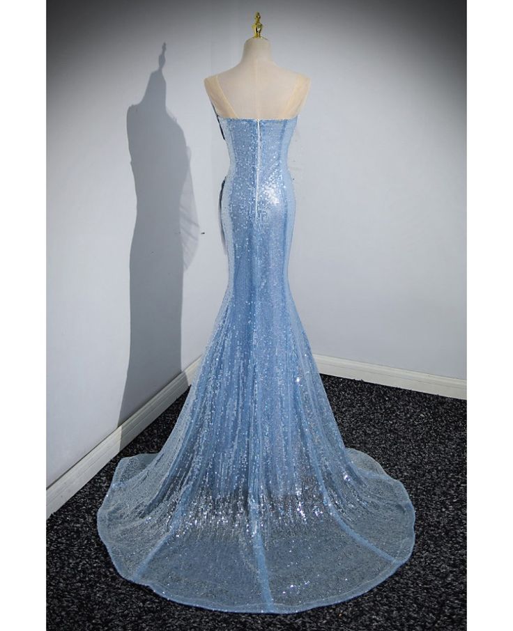 Elegantes, trägerloses, paillettenbesetztes, blau-weiß gewelltes Meerjungfrauen-Abendkleid AB1831
