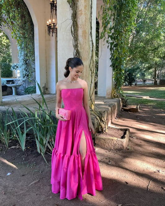 Graceful A line Strapless Hot Pink Slit Sleeveless Pleated Prom Dress Formal Evening Dress Party Gowns AB435