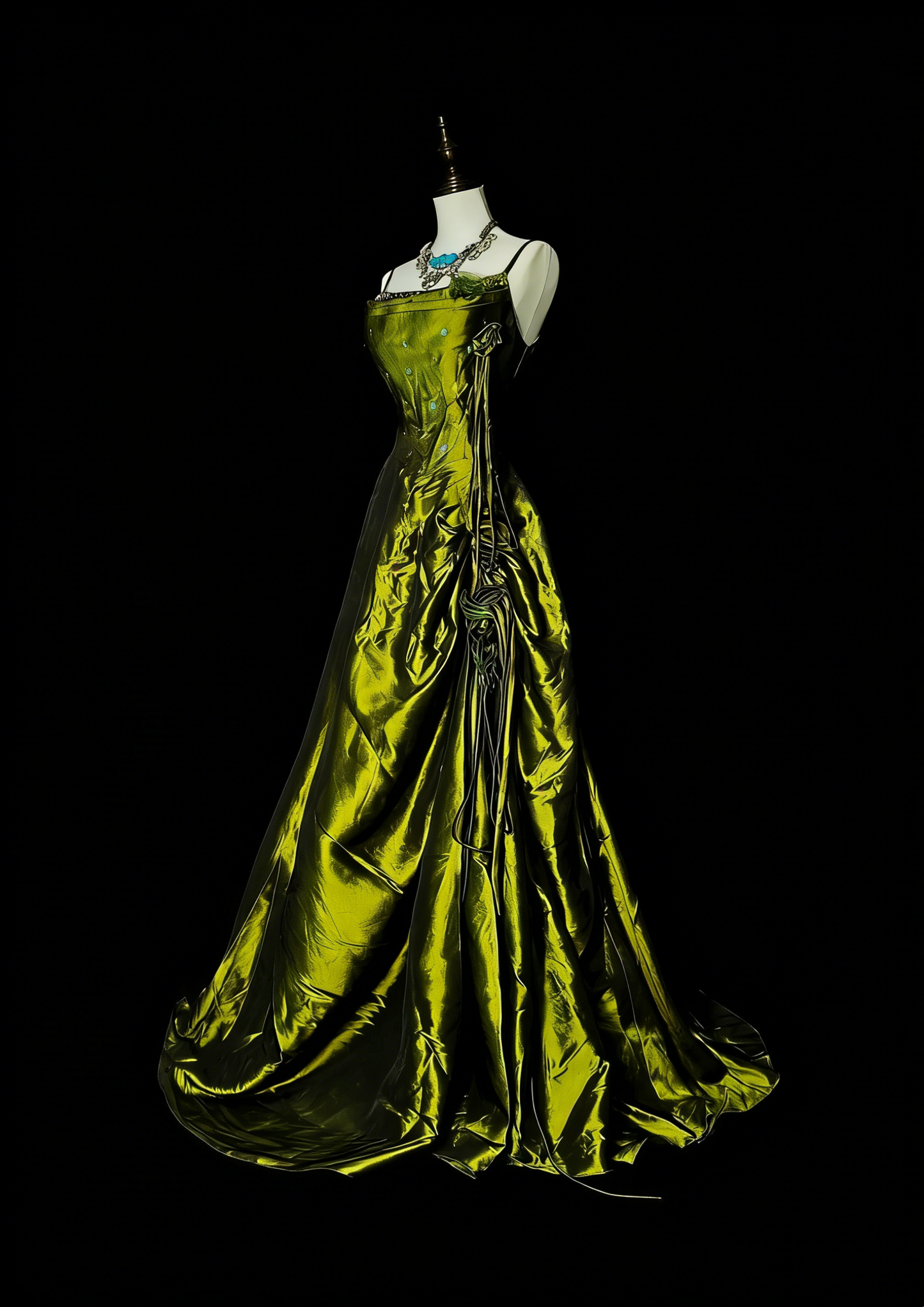 Robe de bal vintage à fines bretelles, vert olive, ornée de perles, sans manches, style années 80, longue robe de soirée formelle N1477
