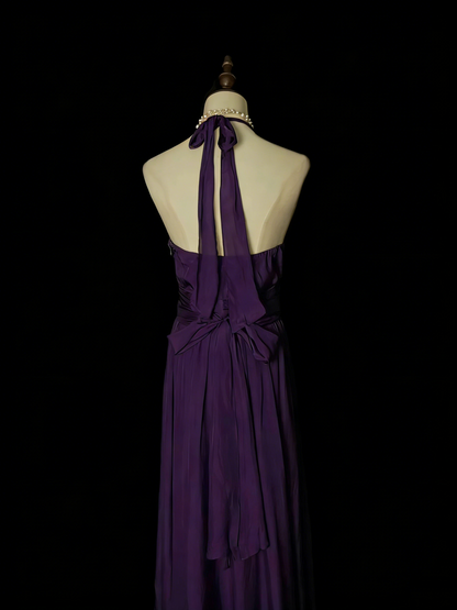 Robe de bal longue violette style années 80, coupe trapèze, col en V, pour lycéennes (N1330)