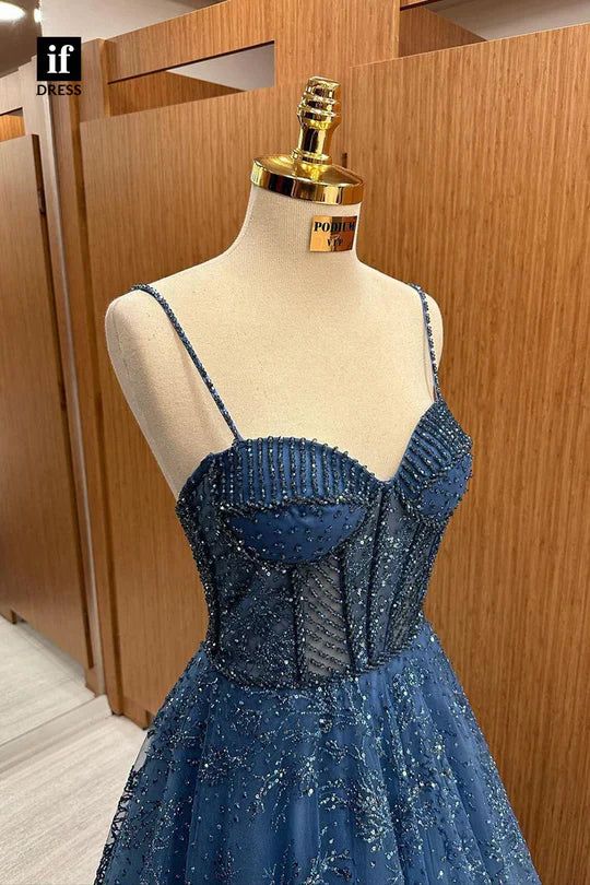 Robe de bal longue élégante en tulle, sans manches, à fines bretelles et coupe trapèze, référence AB912