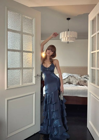 Meerjungfrauen-Etui-Abendkleid mit V-Ausschnitt, feinem Glitzer, marineblau, langes Abendkleid AB917