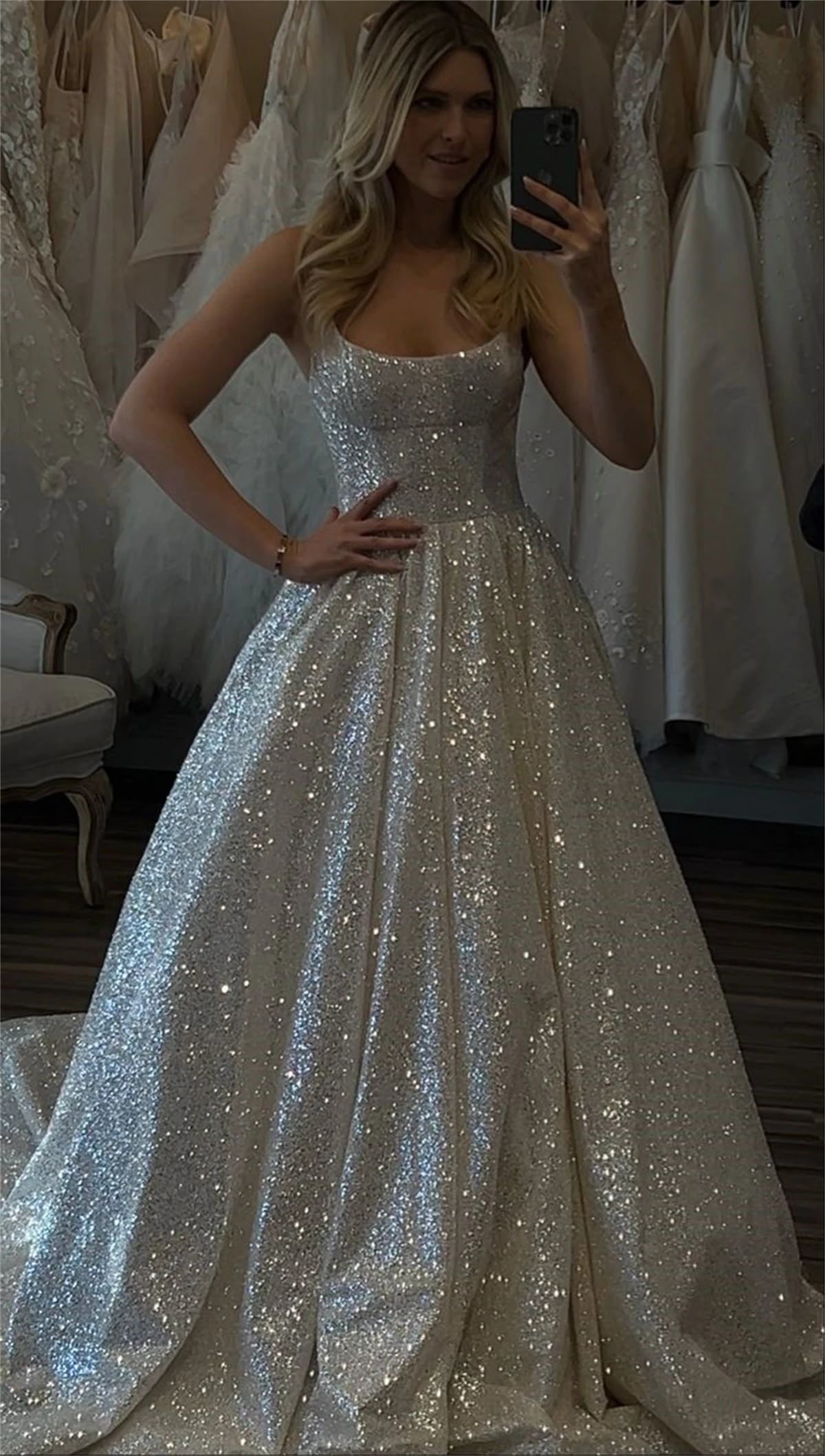 Shiny Wedding Dresses Boho Sweetheart Sequin Spaghetti Strap A-Line Birthday Gowns AB930