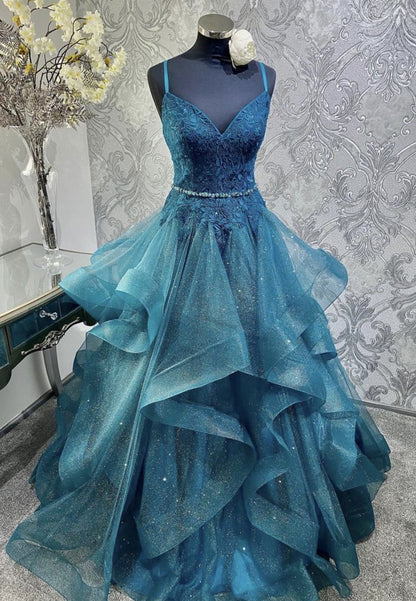 Robe de bal bleue à col en V, en tulle orné d'appliques et de sequins, longue robe de soirée à fines bretelles, robe d'anniversaire AB927