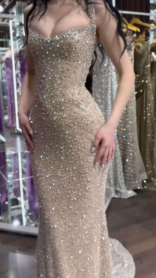 Glitter Prom Dresses Mermaid Halter Champagne Sequin Long Evening Formal Dress RB3343