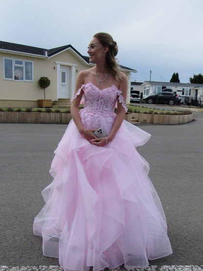 Ball Gown Sweetheart Sleeveless Lace Tulle Pink Long Formal Dresses Prom Dress AB944