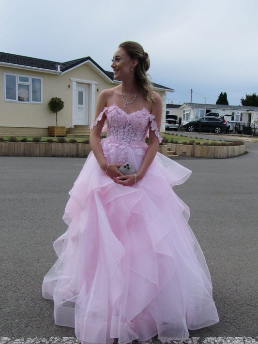 Ball Gown Sweetheart Sleeveless Lace Tulle Pink Long Formal Dresses Prom Dress AB944