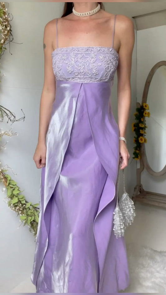 Vintage 80er Jahre Meerjungfrau Spaghettiträger Flieder mit Perlen Abendkleid 18. Geburtstag Ballkleider N2779