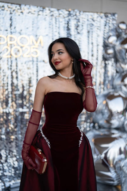 Burgundy Prom Dresses Inspiration Ball Gown Strapless Velvet Evening Gown Long Gala Formal Dress RC1490