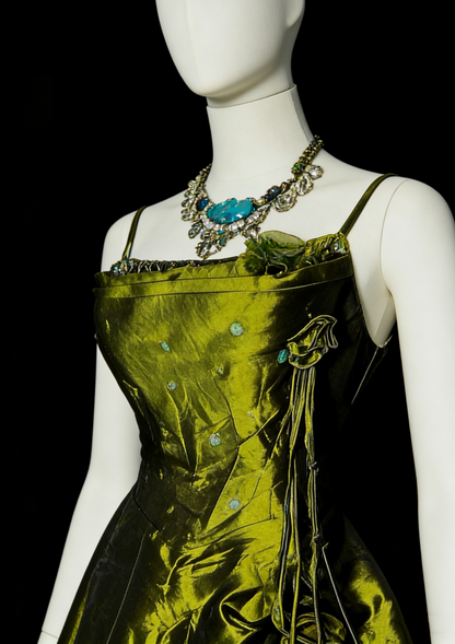 Robe de bal vintage à fines bretelles, vert olive, ornée de perles, sans manches, style années 80, longue robe de soirée formelle N1477