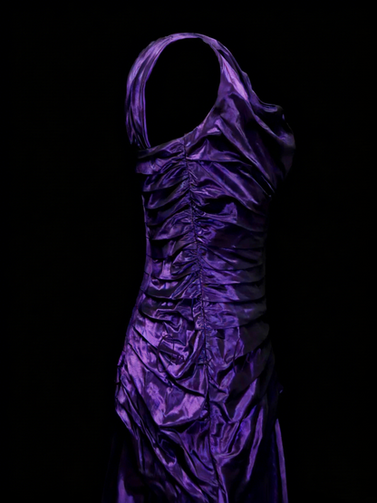 Robe de bal longue de soirée vintage violette à col carré et sans manches, style sirène années 90, ornée de volants (N1387)