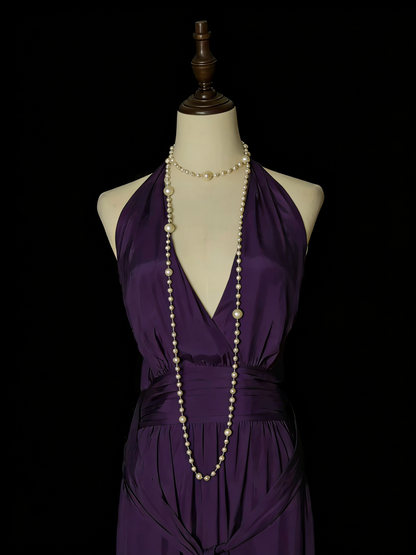 Robe de bal longue violette style années 80, coupe trapèze, col en V, pour lycéennes (N1330)