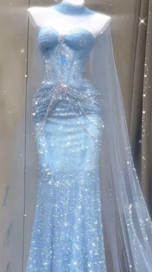 Meerjungfrau-Abendkleid mit Herzausschnitt aus Tüll, langes blaues Ballkleid, figurbetont für Mädchen und Damen N4103
