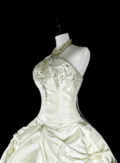 Vintage Hochzeitskleider Ballkleid Trägerlos Weißer Taft Mit Perlen Lang Brautkleid N3075