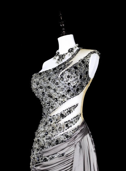 Robe de bal vintage sirène esthétique à une épaule en taffetas gris, inspiration classique avec cristaux et pierres précieuses N1999
